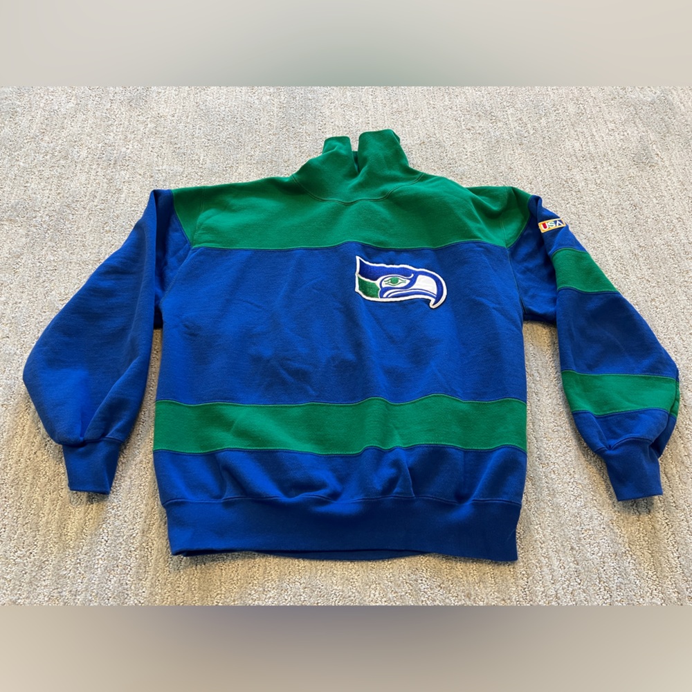 Vintage Seattle Seahawks Sweater Turtleneck NFL Blue Green - Large